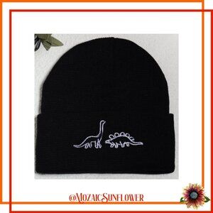 Dinosaur Kids Beanie White Embroidery Dinosaur Folded Up Rim Knit NWT